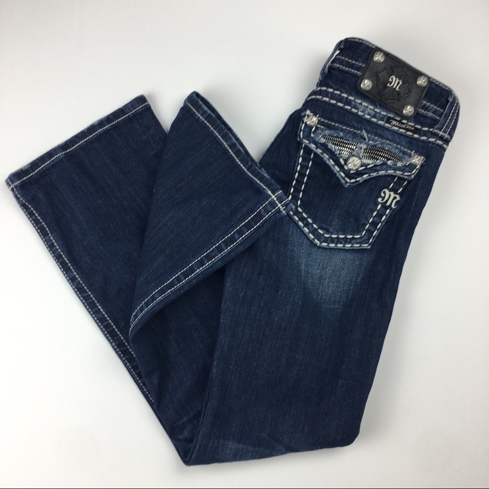 🛍 Miss Me Distressed Cut and Zip Bootcut Jeans 27 - Picture 3 of 8